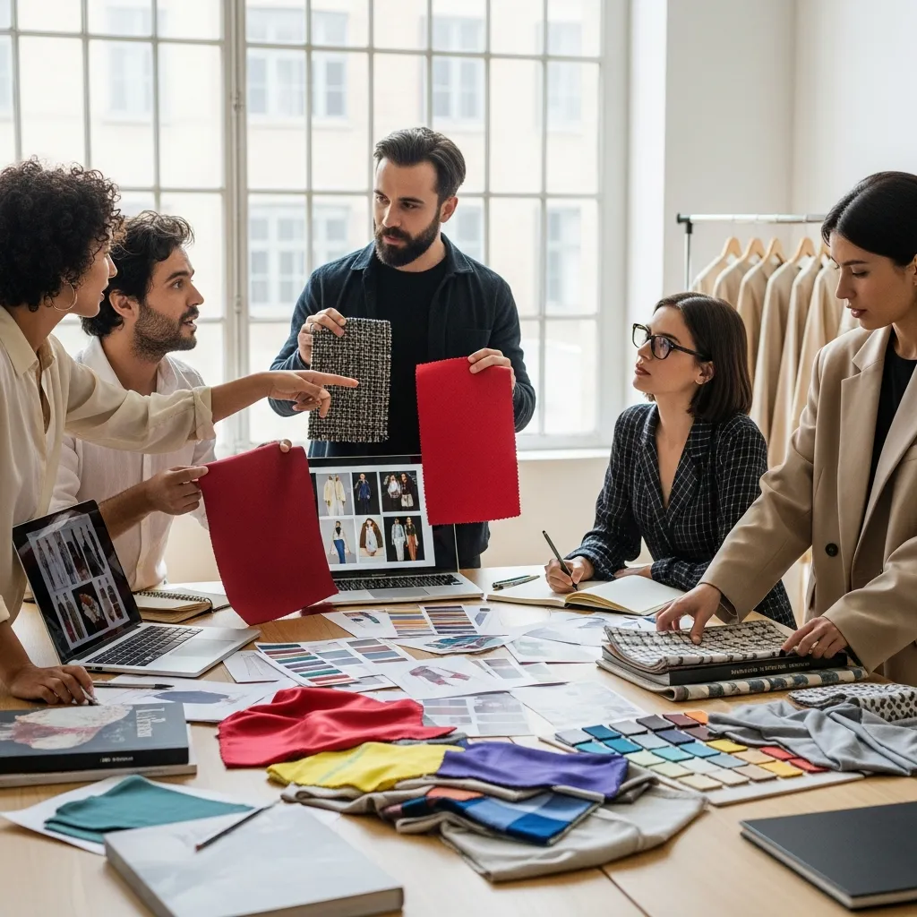 Stylists collaborating around fabric swatches