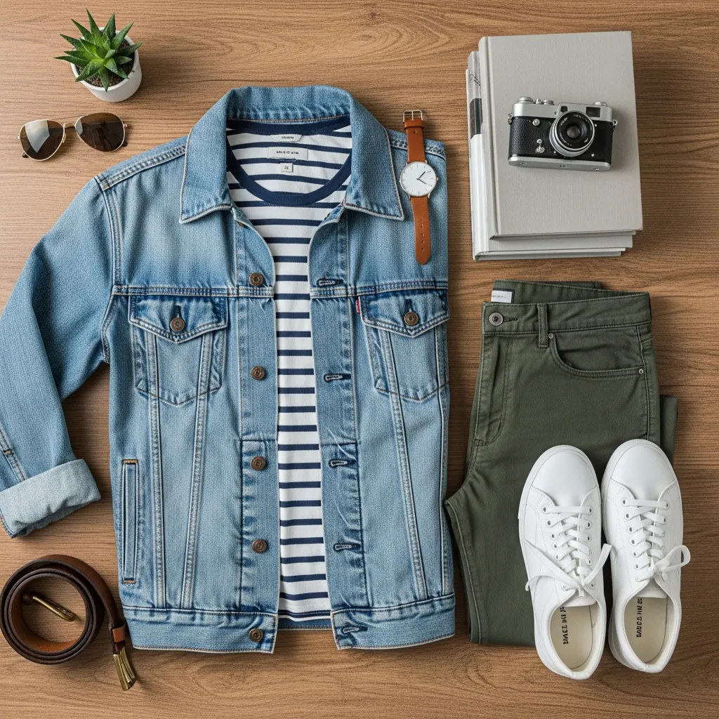 Flatlay of curated clothing and accessories